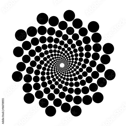 Black circular dots arranged in a hypnotic spiral pattern on white background, creating optical illusion depth.