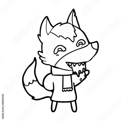 Cartoon fox in a coat and scarf, grinning with sharp teeth and holding a dripping treat.