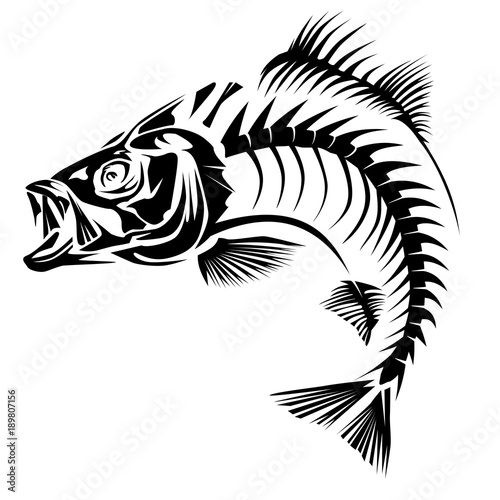 Black-and-white stylized fish skeleton illustration in tribal tattoo art style, open mouth and dynamic pose.