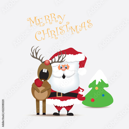 Santa Claus hugging a cheerful reindeer beside a small decorated Christmas tree with "Merry Christmas" text above.