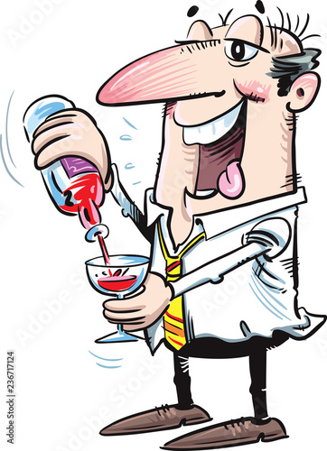 Cartoon man joyfully pouring red wine into a glass, exaggerated facial expression and messy attire.