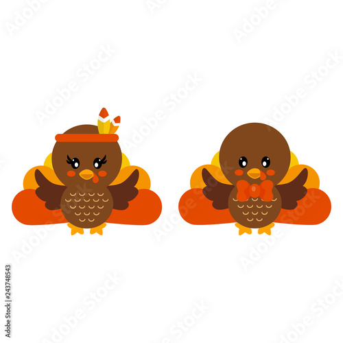 Two cute cartoon turkeys in Thanksgiving outfits-one with Native American headdress, the other with orange bowtie-on white background.