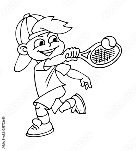 Smiling cartoon boy in cap swinging tennis racket to hit a ball, black-and-white line art for coloring.