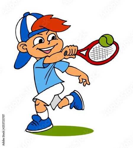 Smiling cartoon boy with red hair and blue cap playing tennis, swinging racket to hit green ball.