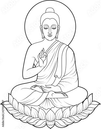 Seated Buddha in meditation on lotus flower, hands in dharmachakra mudra, with halo, line art illustration.