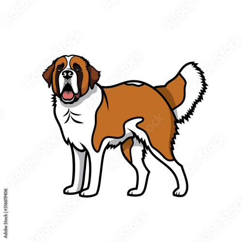 Stylized cartoon illustration of a Saint Bernard dog standing, with brown and white fur, open mouth, and fluffy tail.