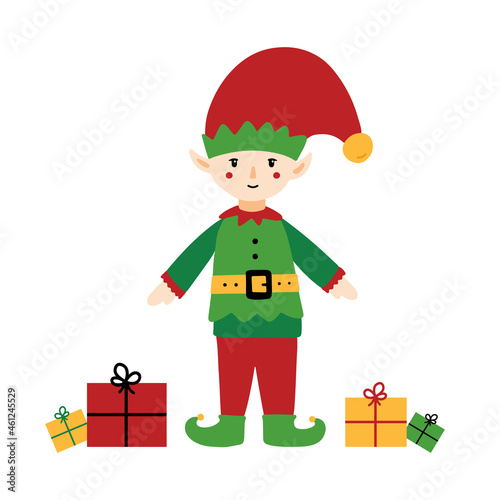 Cute cartoon Christmas elf in green and red outfit with gifts on white background
