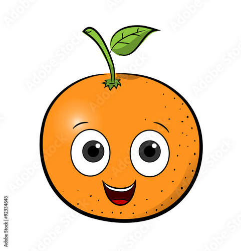 Cheerful cartoon orange with big eyes, smile, and a green leaf on top.
