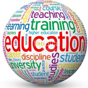 Colorful 3D globe covered in education-related words like teaching, training, university, student, and curriculum.