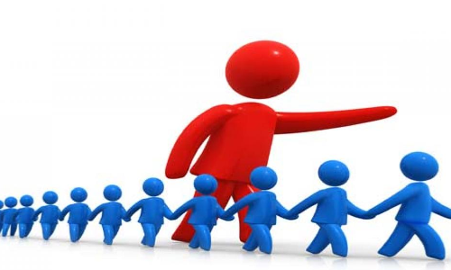 A red 3D leader figure points forward while guiding a line of blue follower figures holding hands.