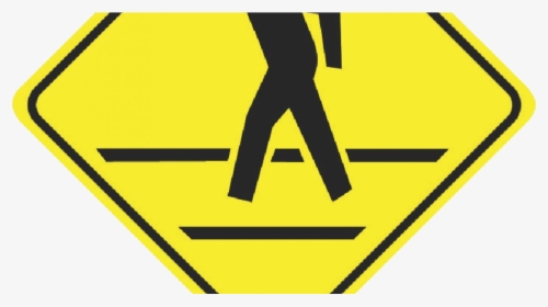 Yellow diamond-shaped traffic sign showing a black pedestrian figure crossing two horizontal lines, indicating a pedestrian crossing ahead.