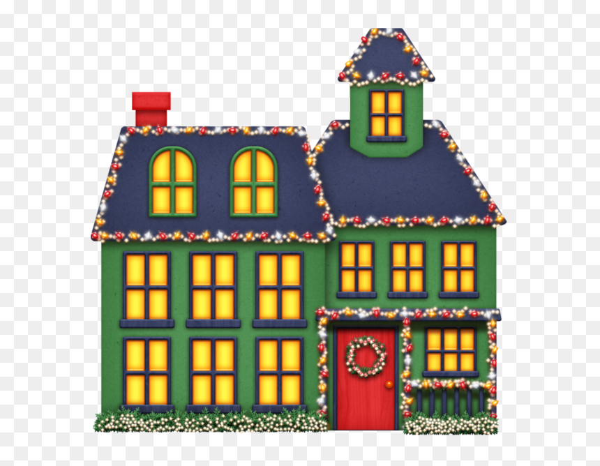 Festive green Victorian-style house decorated with Christmas lights, wreath, and garlands, glowing warmly at night.