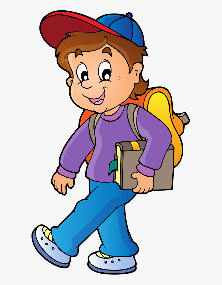 Smiling cartoon boy wearing a red-and-blue cap, purple shirt, blue pants, carrying a backpack and book while walking.