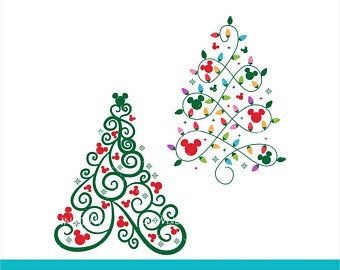 Two festive Disney-themed Christmas trees-one with green swirls and red hearts, the other with colorful lights and Mickey Mouse heads.