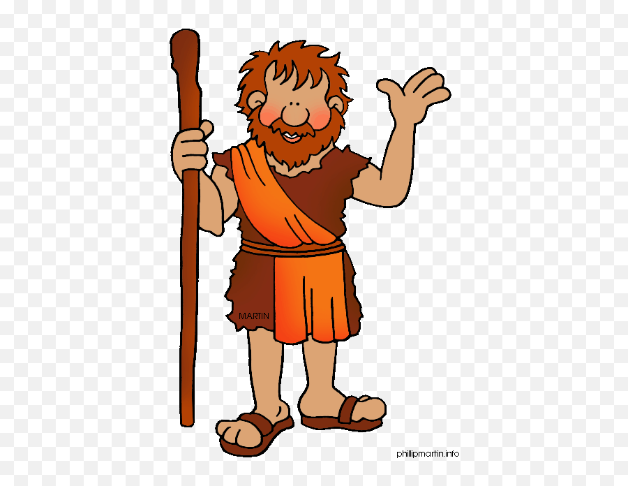 Cartoon illustration of a bearded man in ancient robes holding a wooden staff, waving cheerfully.