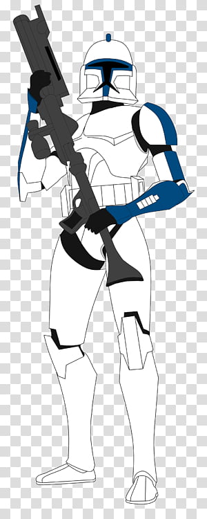 Star Wars clone trooper in white and blue armor holding a blaster rifle, stylized vector illustration.