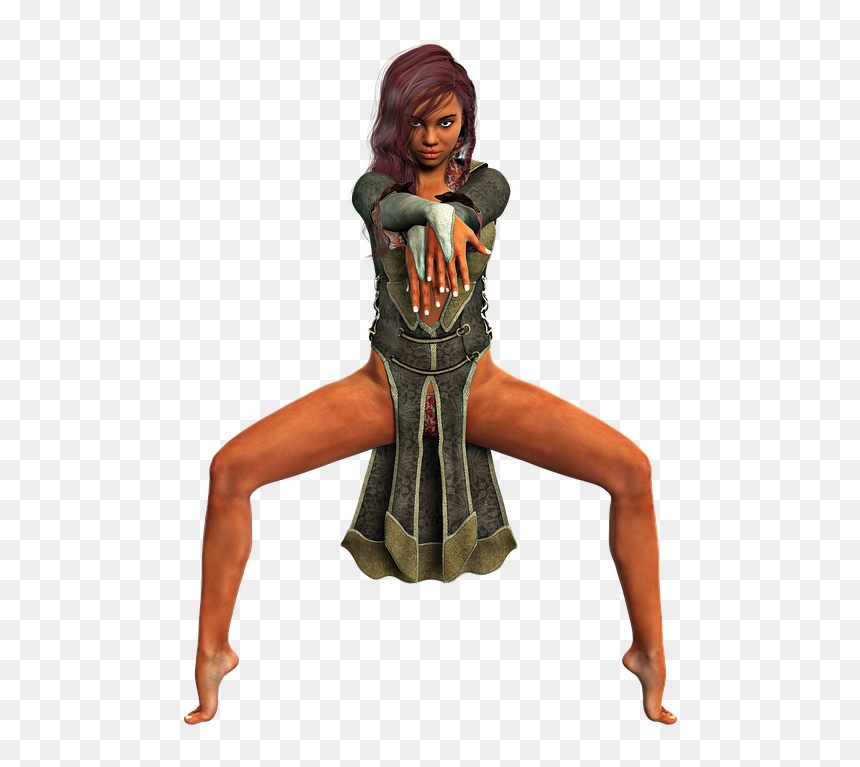 Fantasy female warrior in ornate green armor striking a dynamic combat pose with legs spread and hands forward.