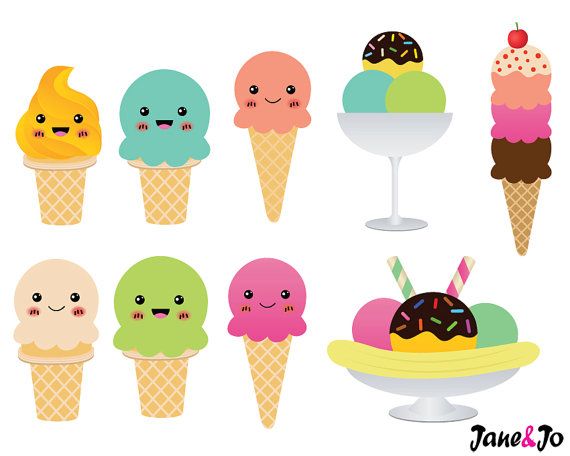 Cute kawaii-style ice cream cones and sundaes with smiling faces in pastel colors.