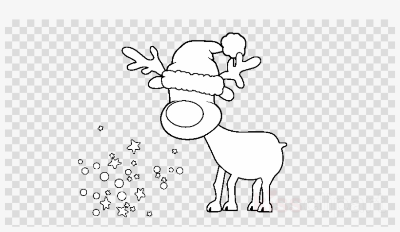 Cartoon reindeer wearing Santa hat, blowing festive stars and snowflakes from its nose.