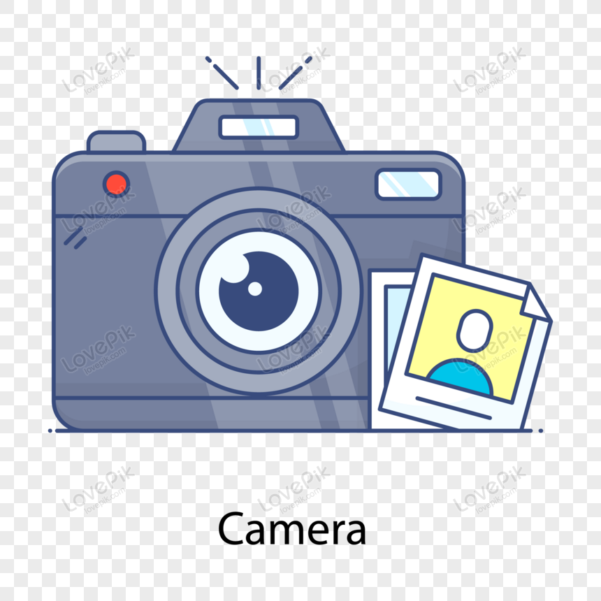 Gray digital camera with flash and two instant photos showing a person icon.
