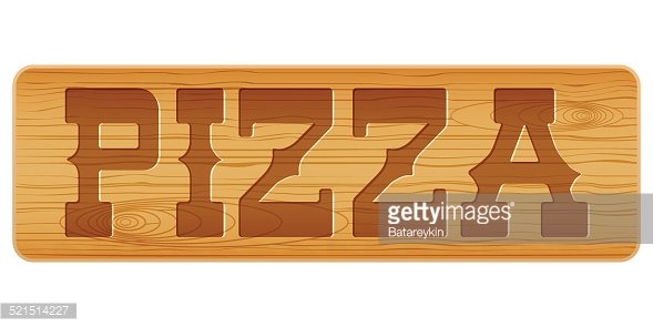 Wooden sign with the word "PIZZA" carved into it, showcasing natural grain and rustic texture.