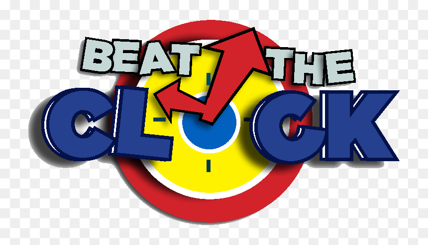 "Beat the Clock" logo featuring bold blue text, red arrow, and yellow clock face with red border.