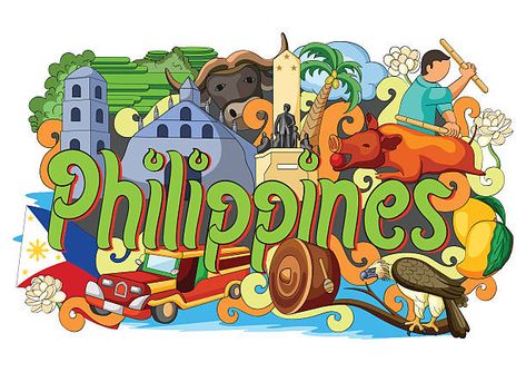 Colorful illustrated collage of Philippine landmarks, culture, and symbols including jeepney, carabao, eagle, church, and flag.
