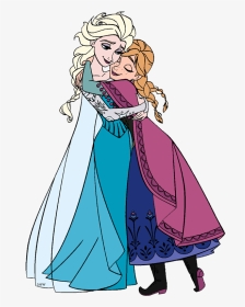 Elsa and Anna from Frozen sharing a warm hug, dressed in their iconic gowns.