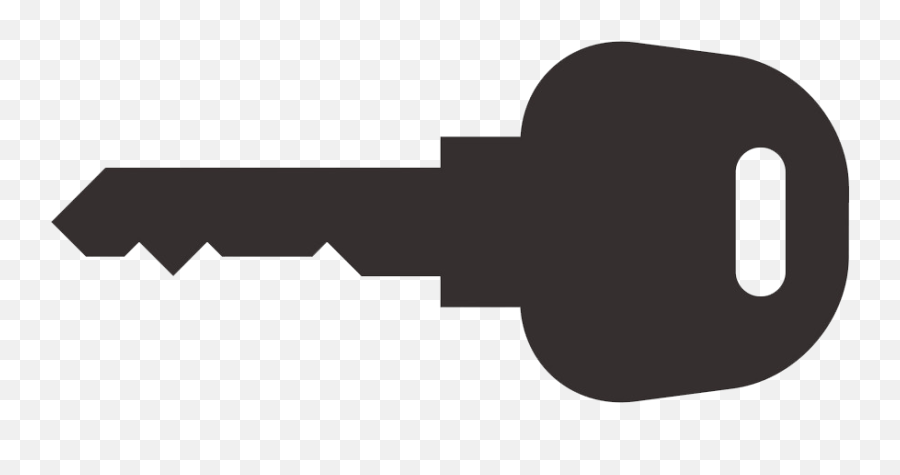 Black silhouette of a standard house key on transparent background, showing bitting and bow.