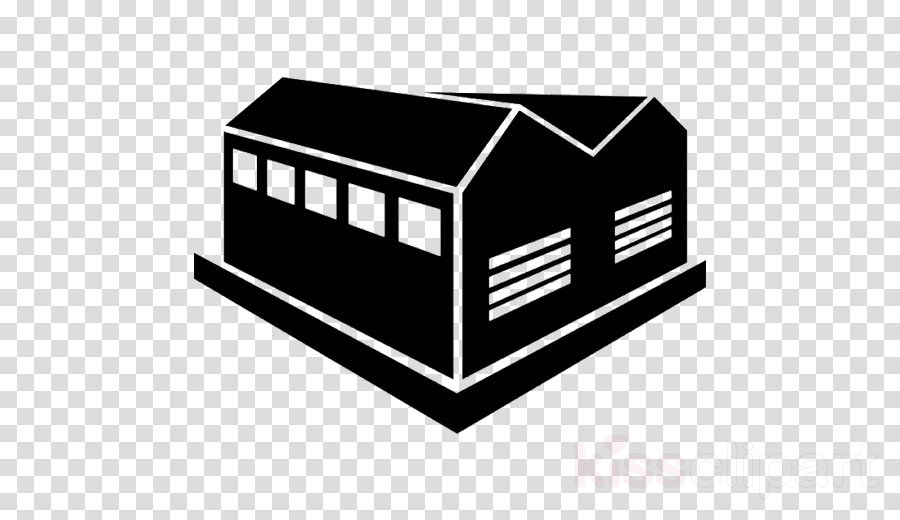 Black-and-white isometric illustration of a warehouse building with windows and vents on transparent background.