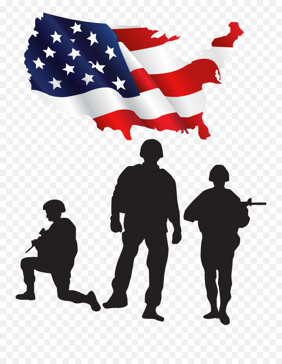 Silhouettes of three U.S. soldiers beneath a waving American flag shaped like the USA map.