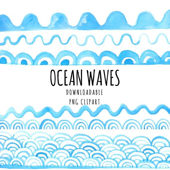 Watercolor-style blue ocean wave patterns in various designs, labeled "Ocean Waves Downloadable PNG Clipart".