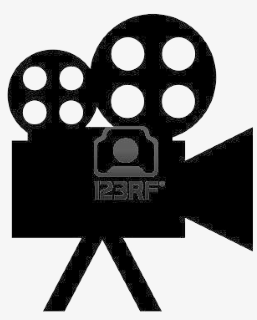 Black silhouette of a vintage film camera with two reels and a tripod, featuring the "123RF" watermark.