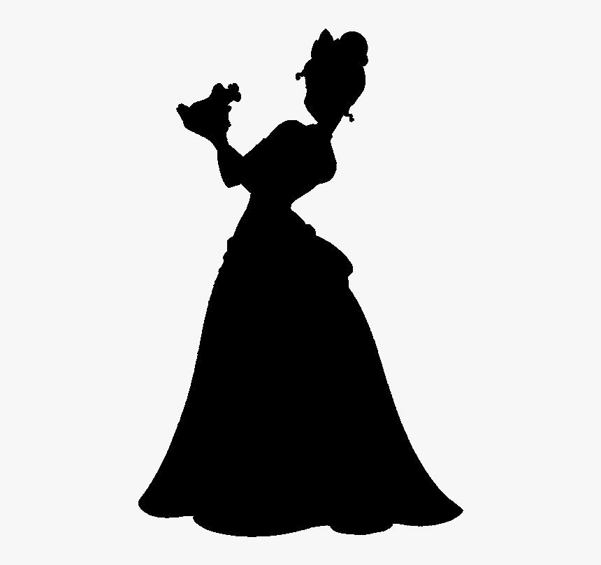Silhouette of a princess in a ball gown holding a small bird, elegant profile pose.