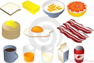 A colorful collection of breakfast foods including toast, butter, cereal, grapefruit, pancakes, fried egg, bacon, coffee, juice, milk, and yogurt.