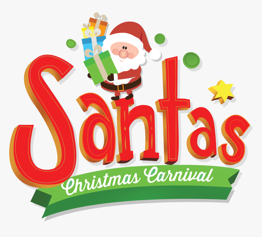 Festive "Santa's Christmas Carnival" logo with cartoon Santa holding gifts, bold red 3D text, green ribbon, and star accents.
