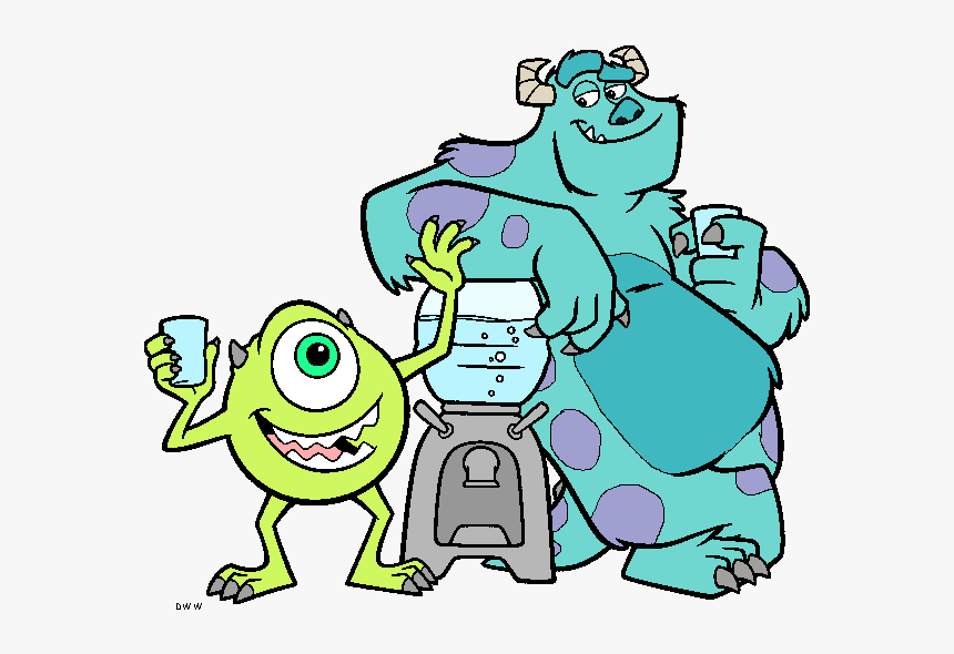 Mike Wazowski and Sulley from Monsters, Inc. cheerfully refill water cups at a dispenser.