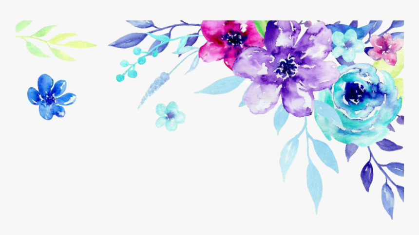 Watercolor floral border with purple, blue, pink, and teal flowers and leaves on white background.