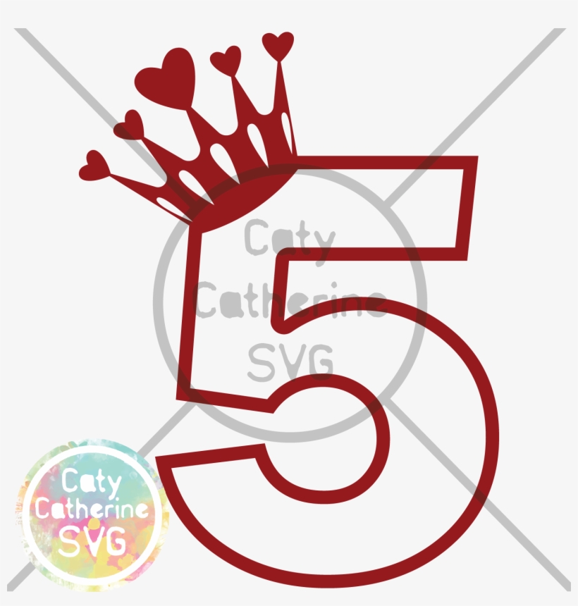 Red number 5 with heart-topped crown, SVG design by Caty Catherine SVG.