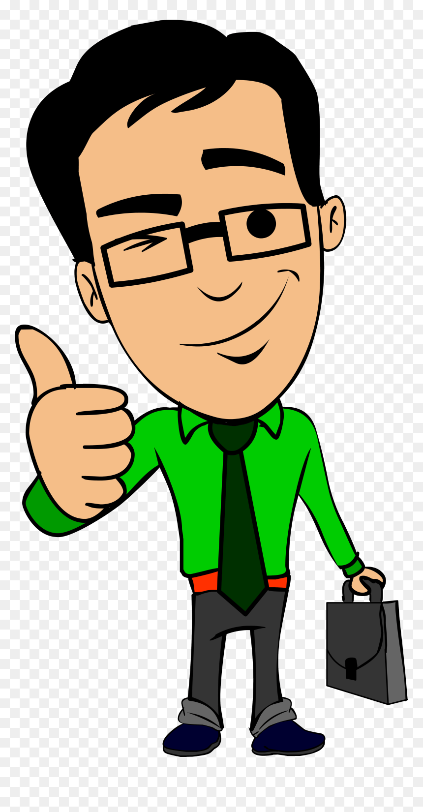 Cartoon businessman with glasses, green shirt, giving thumbs-up while holding briefcase.