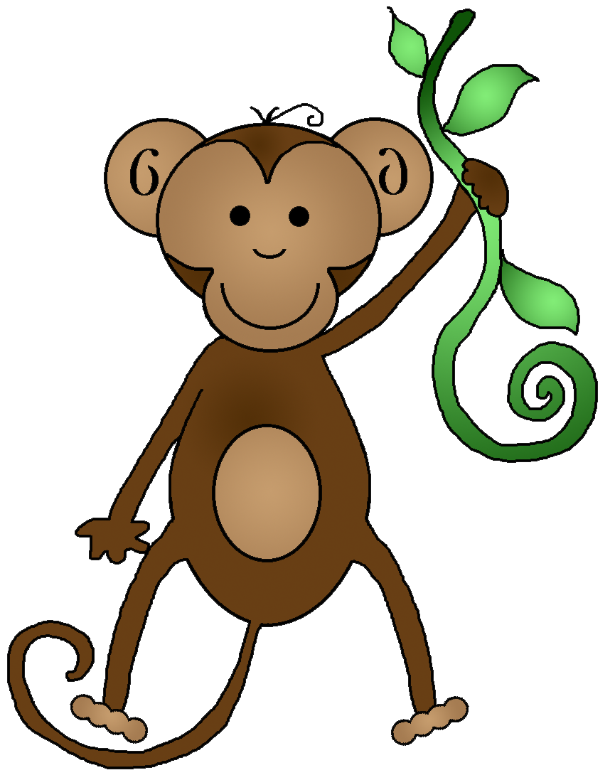 Friendly cartoon monkey holding a green vine with leaves, smiling and standing upright.