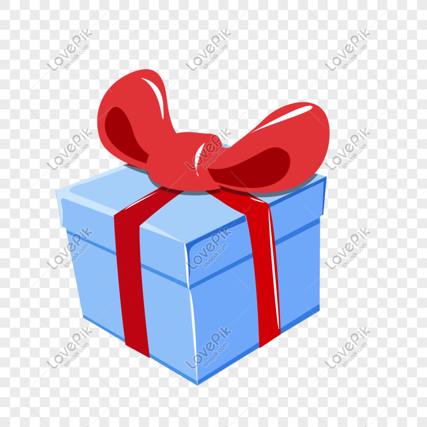 Blue gift box with red ribbon and bow on transparent background