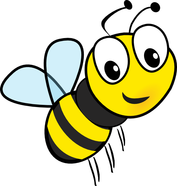Friendly cartoon bee with yellow-black stripes, blue wings, and big eyes smiling mid-flight.