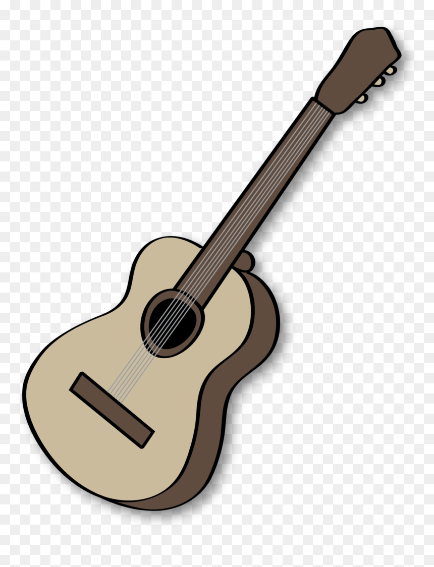 Classic acoustic guitar illustration with natural wood finish and six strings on transparent background.