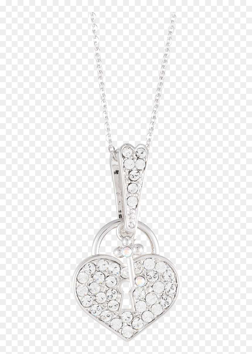 Silver heart-shaped lock pendant necklace with crystal embellishments and key detail on a delicate chain.
