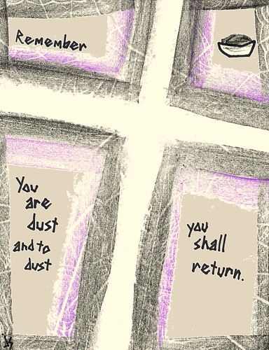 A hand-drawn cross divided into four panels with biblical text: "Remember", "You are dust and to dust", "you shall return", and a bowl of ashes.