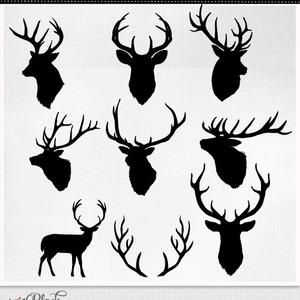 Collection of nine black deer head and antler silhouettes in various poses on white background.