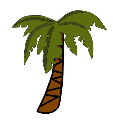 Stylized cartoon palm tree with green fronds and brown textured trunk on white background.