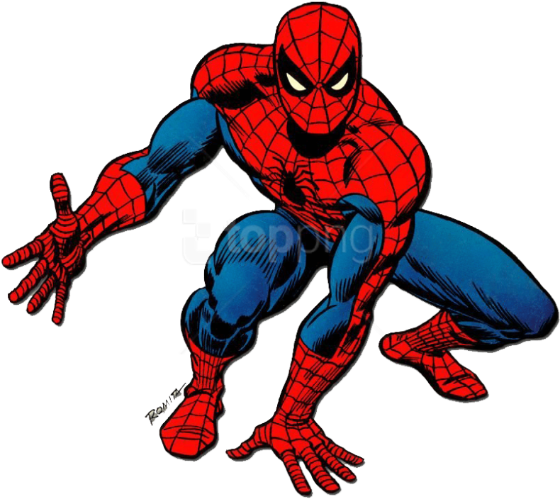 Classic Spider-Man in red-and-blue suit, crouching dynamically with web-shooters ready.