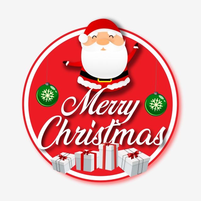 Festive red circular badge with smiling Santa, "Merry Christmas" text, green ornaments, and gift boxes.